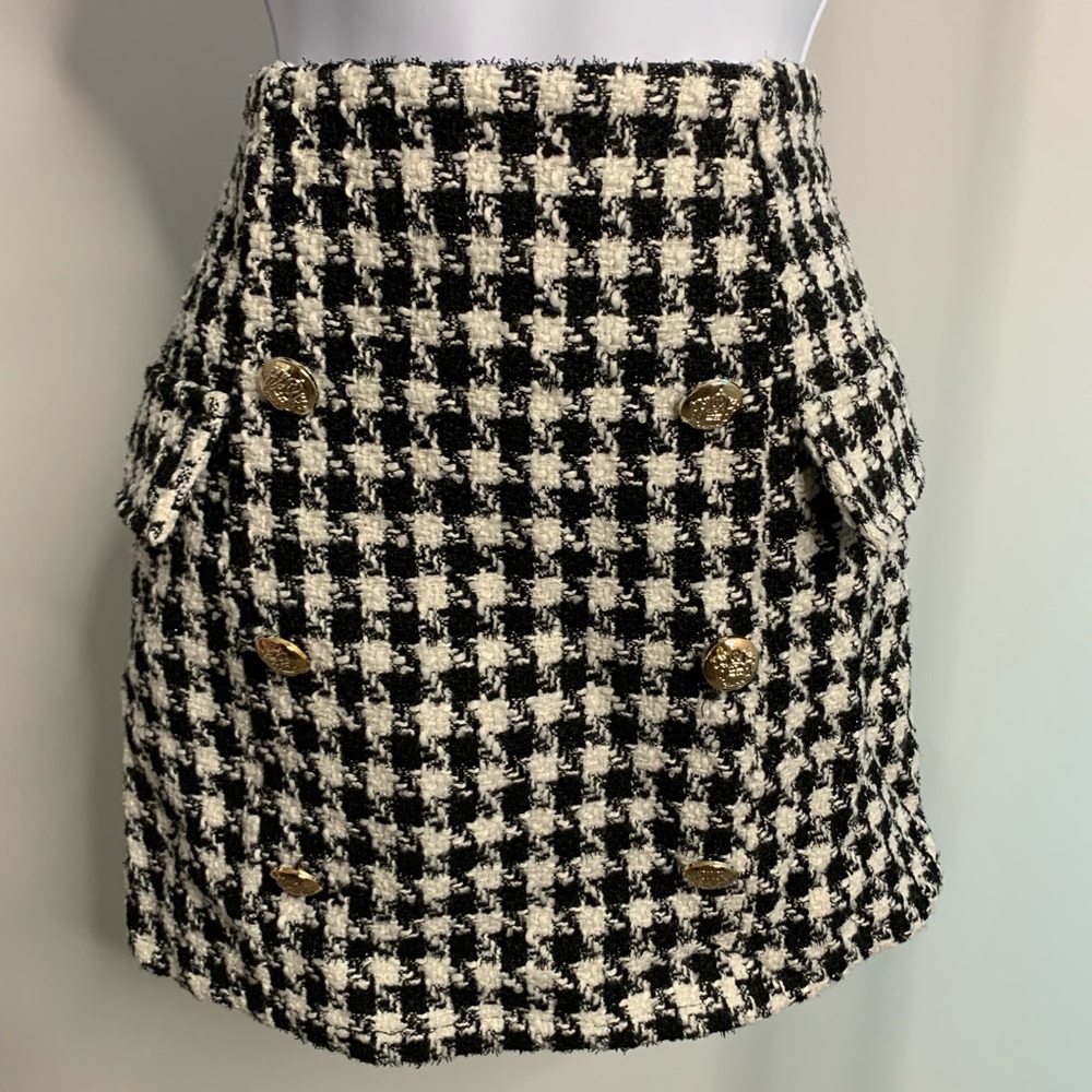 Black & White Houndstooth Tweed Mini Skirt with Gold Buttons